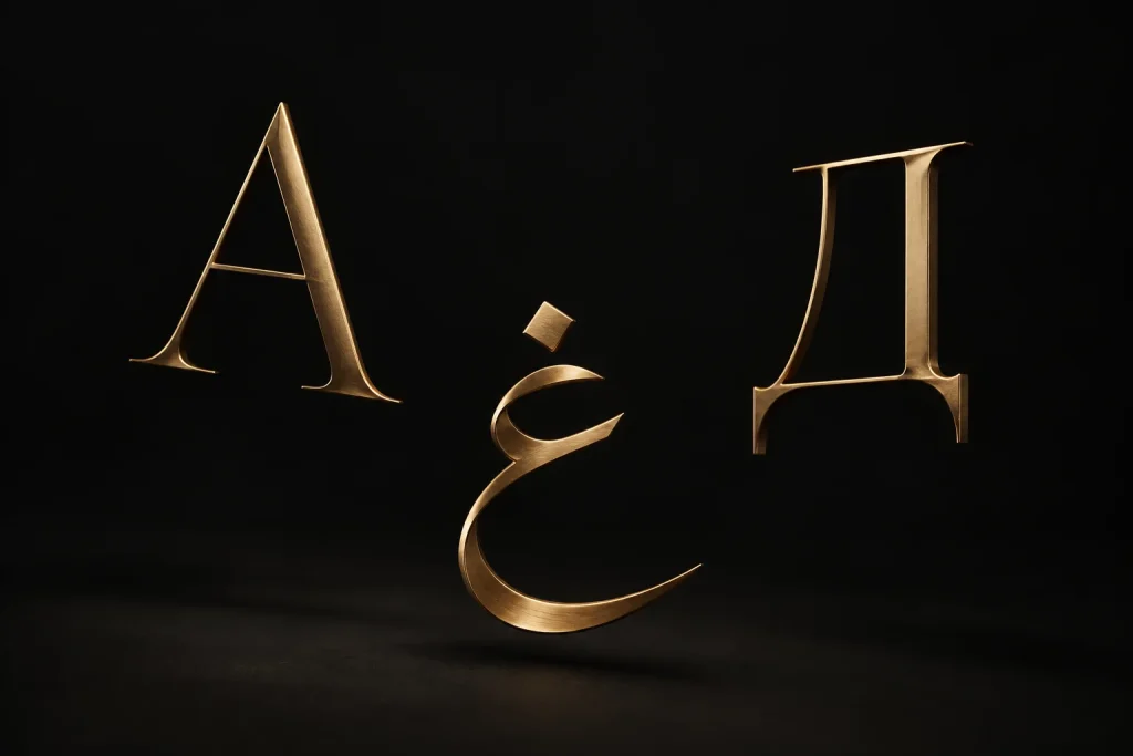 Gold Latin, Arabic and Cyrillic letterforms