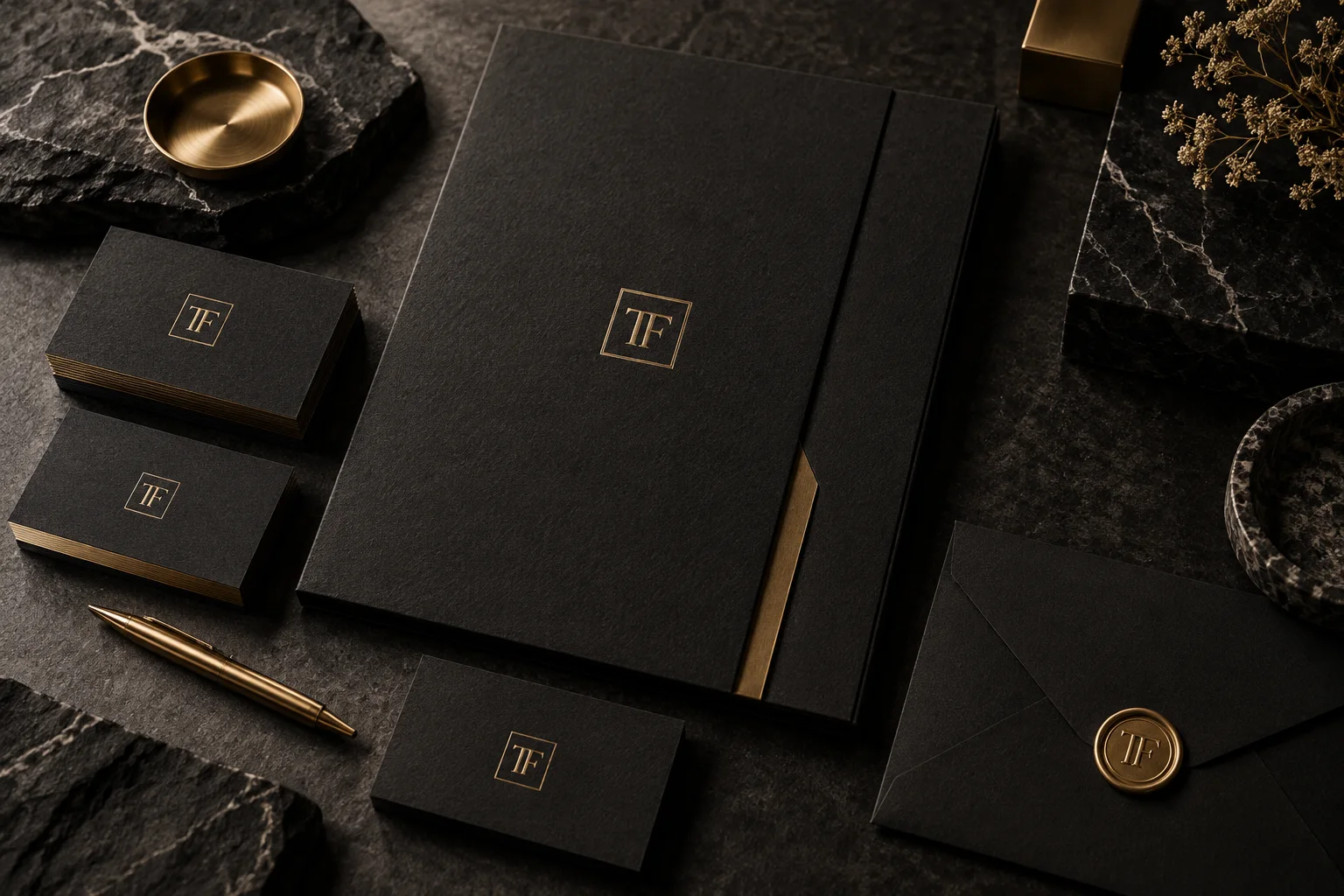 Black stationery with gold TF monogram