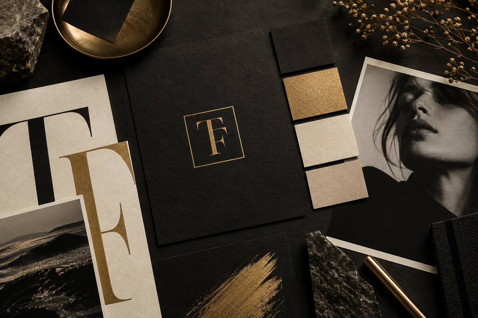 Black and gold brand materials and typography