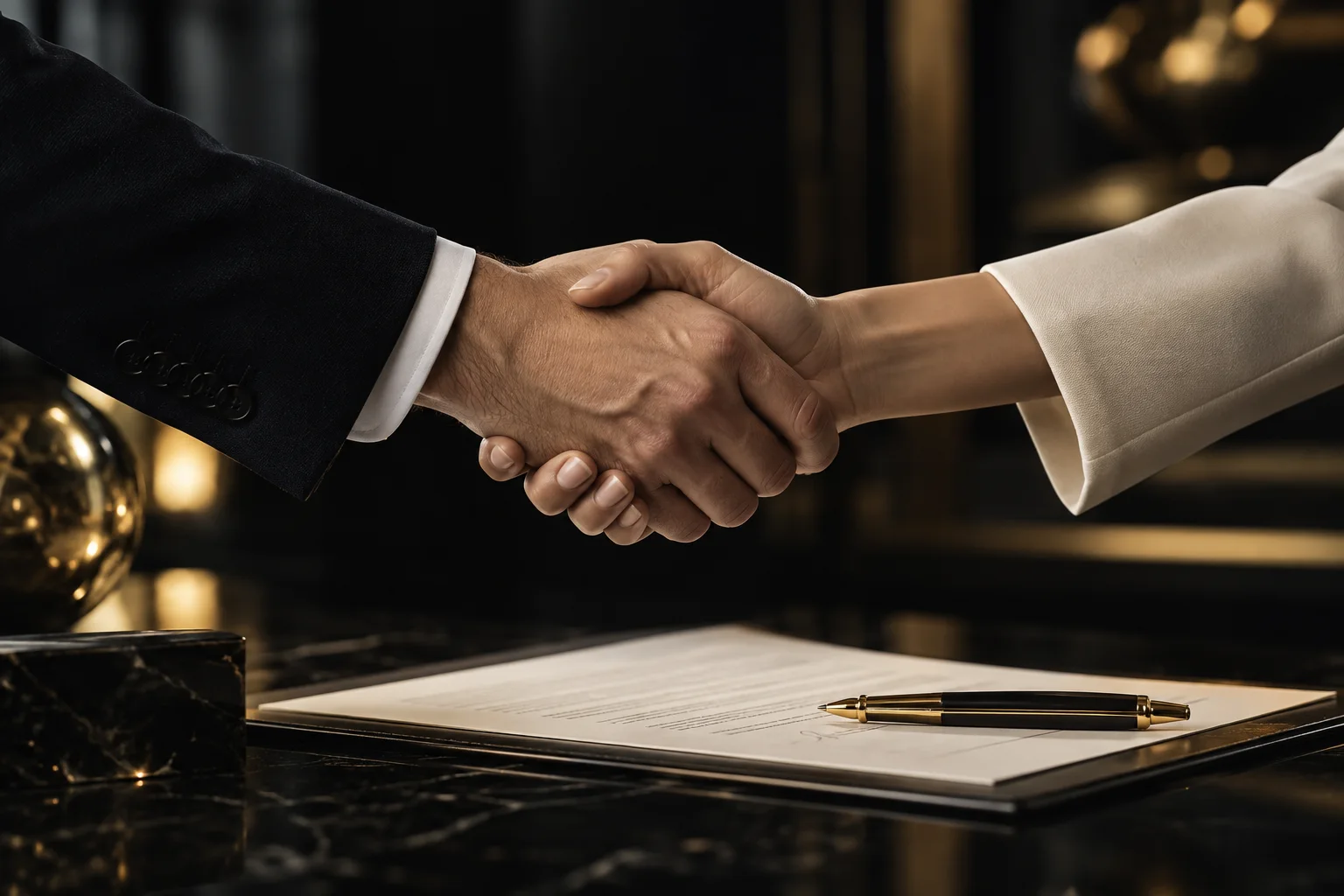 Handshake over a document beside a gold pen