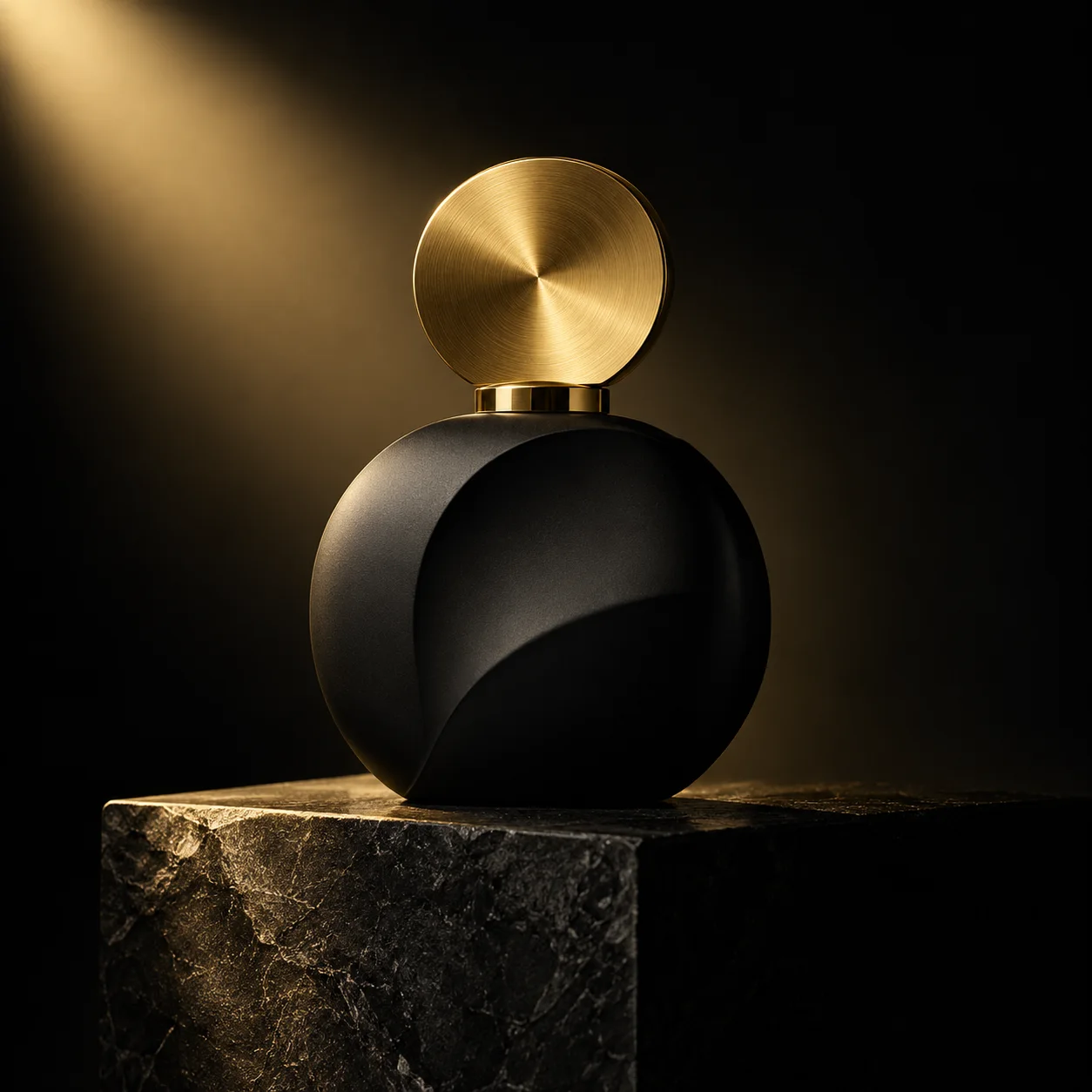 Sculptural black perfume bottle under a gold spotlight