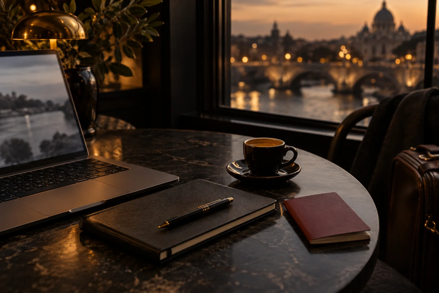 Laptop, notebook and travel documents on a cafe table