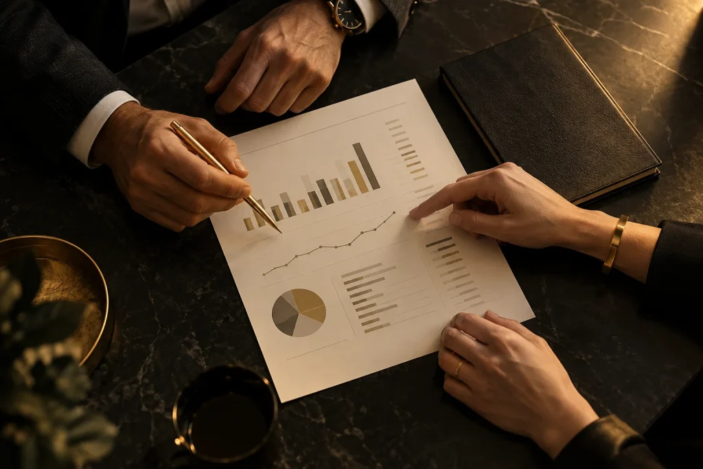 Hands reviewing a printed report at a dark table